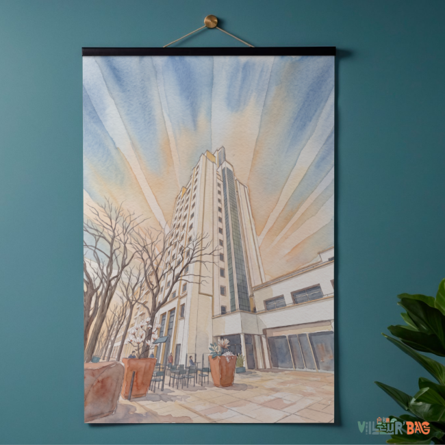 Affiche aquarelle d'un Gratte-Ciel de Villeurbanne