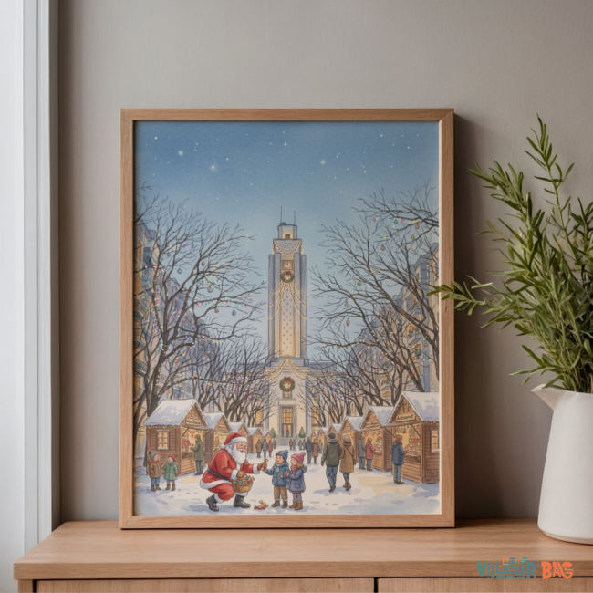Affiche du marché de Noël sur l'avenue Henri Barbusse de Villeurbanne